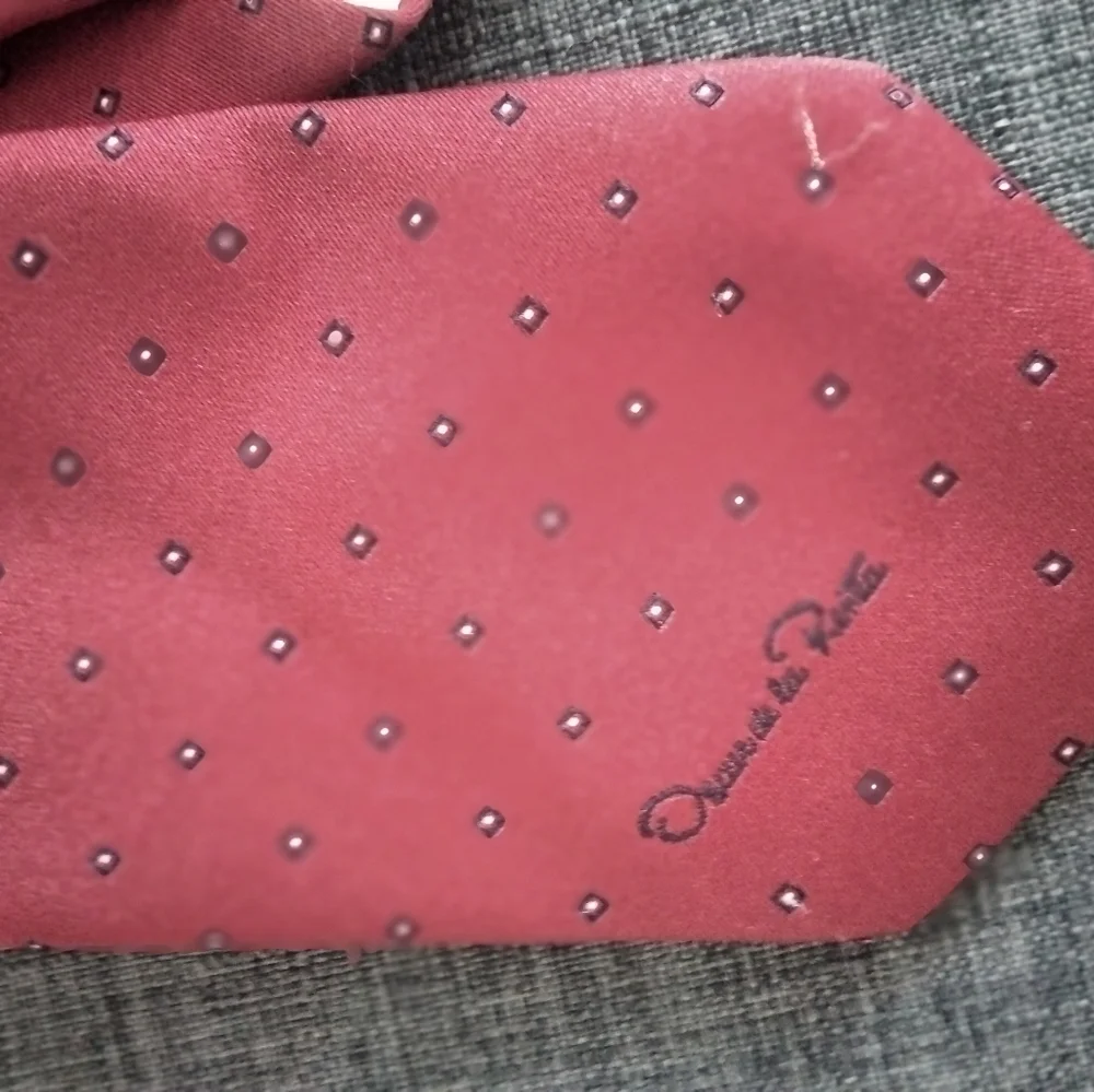 Oscar de la Renta Red with Blue And White Polka Dot Pattern Tie